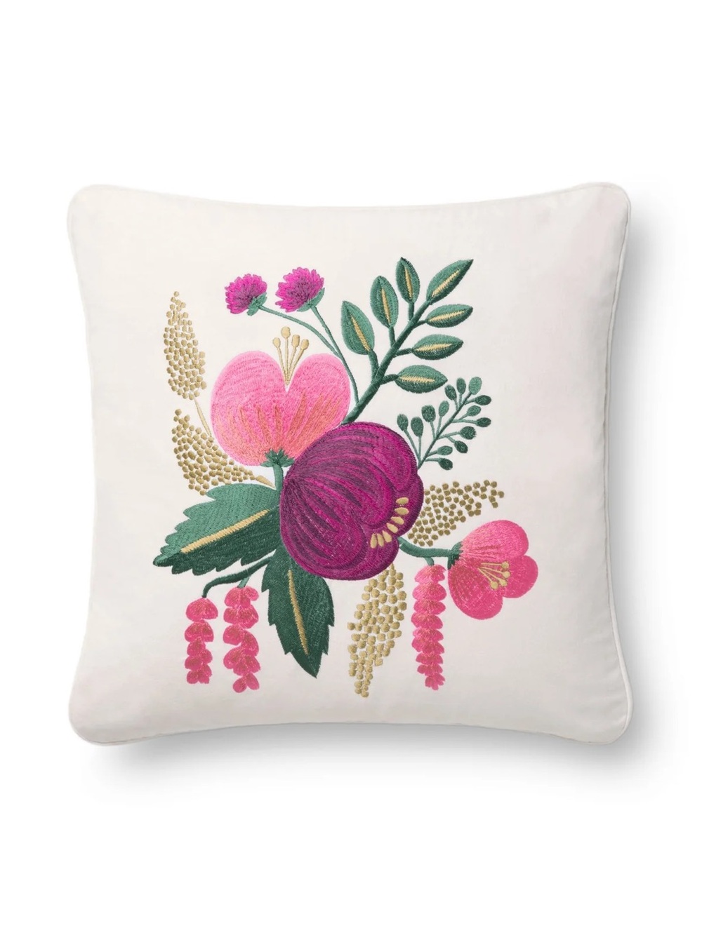 Rifle Paper Co. x Loloi botanical raspberry embroidered cushion cover